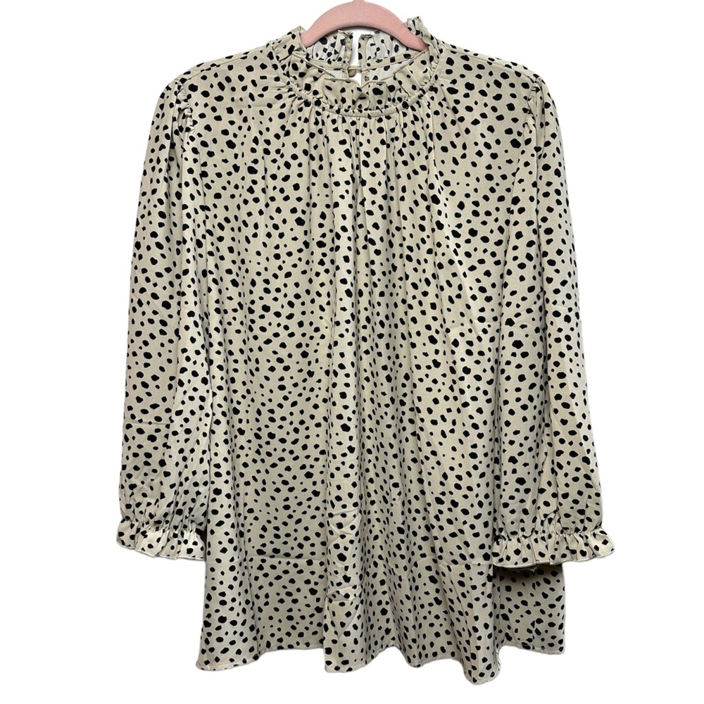 Flowy Dalmatian-Print Top with Ruffle Mock-Neck and Sleeves, Cream & Black